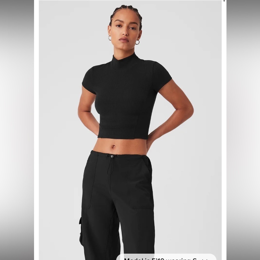 ALO Yoga Wellness Rib Mock Neck Polished Short Sleeve Black XS NWT